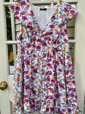 SHEIN White Midi Dress with Pink & Yellow Floral Print